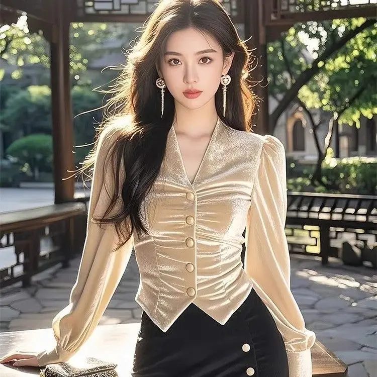 

Уникальная бархатная женская рубашка с длинным рукавом, приталенного кроя, осенне-зимняя, модная, для офиса, универсальная, элегантная, в корейском стиле