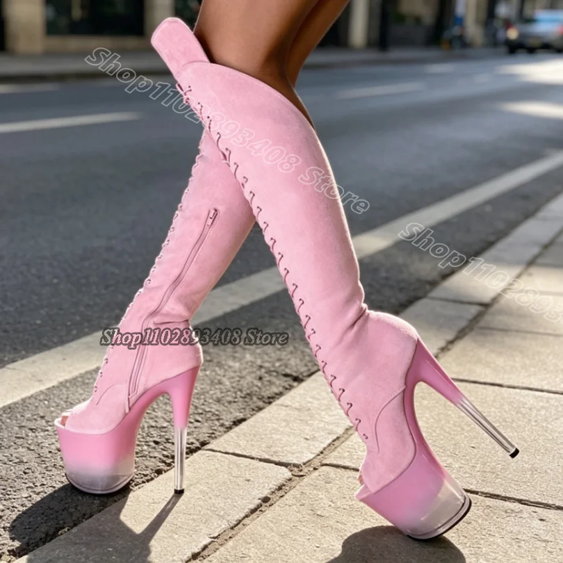 Pink Splicing Platform Dance Knee Boots Flock Round Toe Stylish Performance Party Women Pole Dance Boots Zapatos Para Mujere