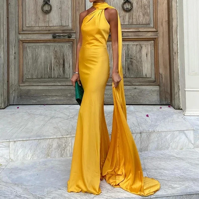 Women Fashion Ribbon Shawl Sleeve Satin Dress Lady Diagonal Collar Bag Hip Gala Dress Elegant Backless Full Length Evening Dress