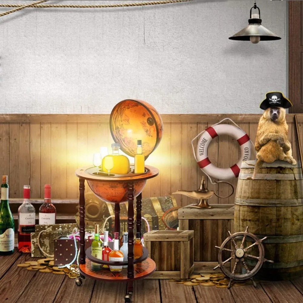 Armarios para Vinos y Vasos, Mini Bar en Forma de Globo con 3 Ruedas para Botellas de Madera, Organizador de Licor, 88 x 45 cm