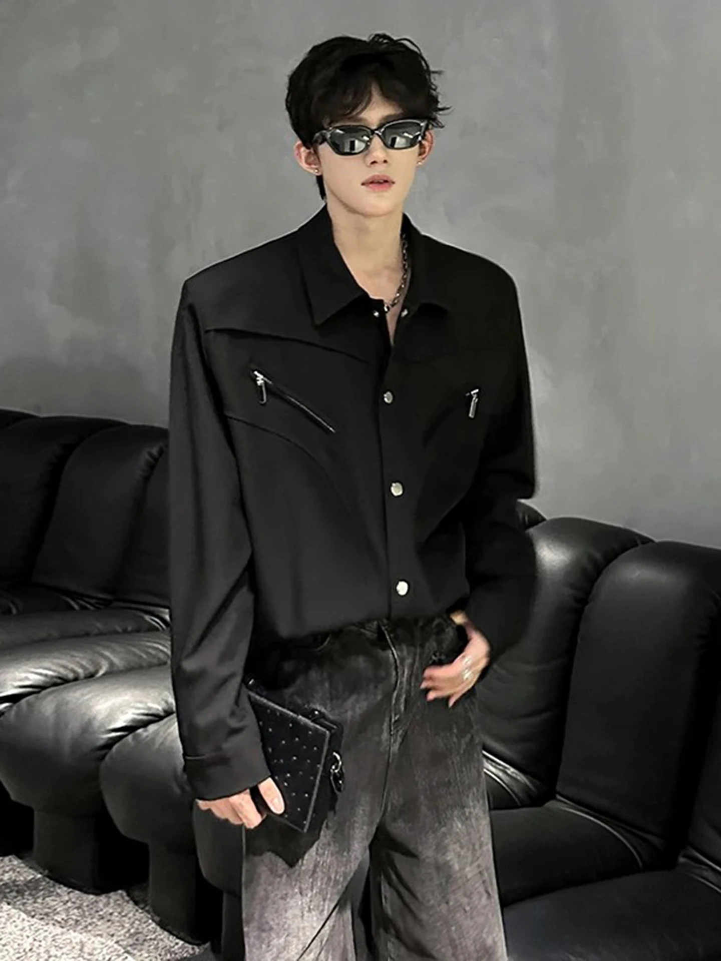 

Мужская модная рубашка с длинным рукавом и подкладкой на плечах в американском уличном стиле, осенняя молодежная свободная модель