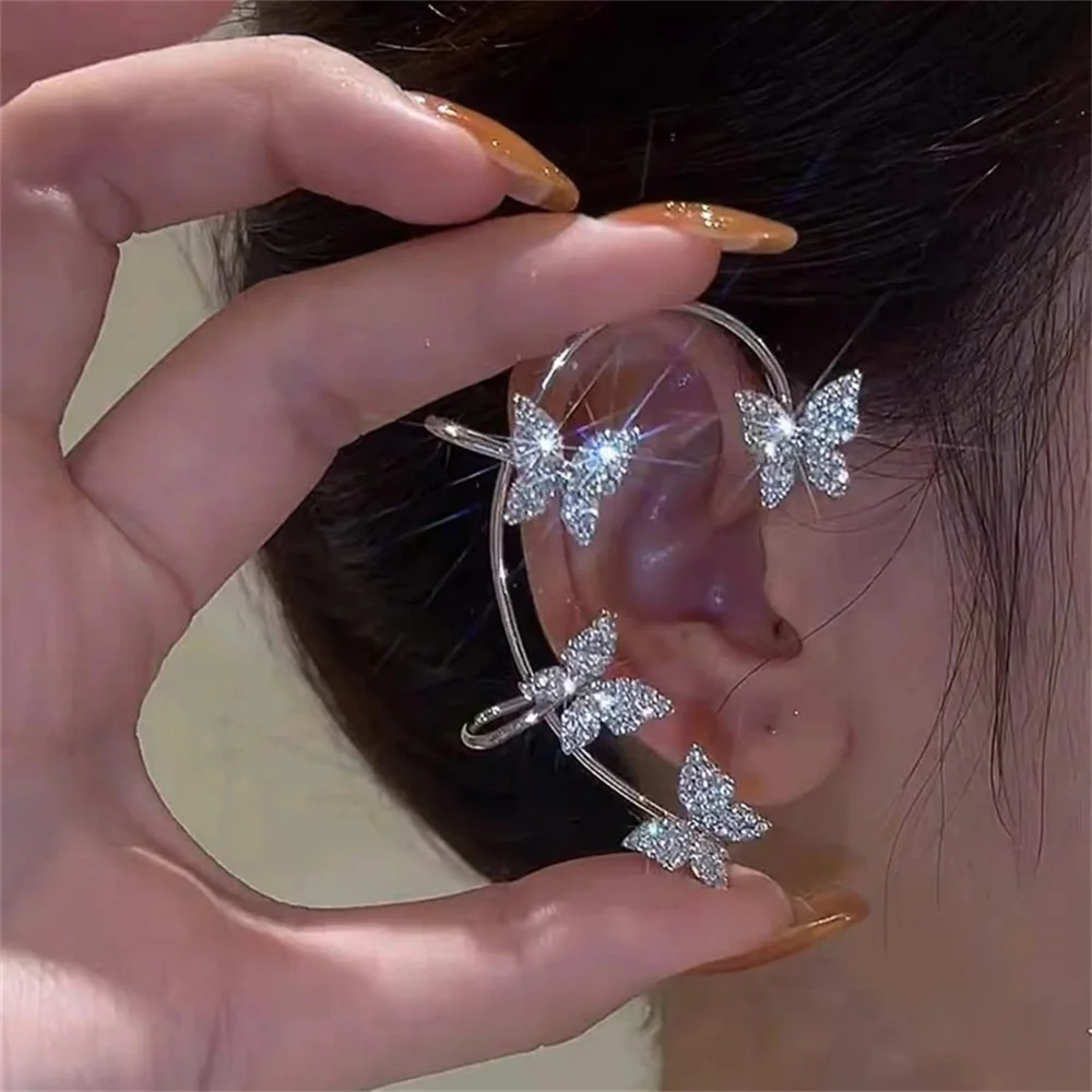 EN Silver Color Metal Butterfly Ear Clips Without Piercing For Women Sparkling Zircon Ear Cuff Clip Earrings Wedding Jewelry