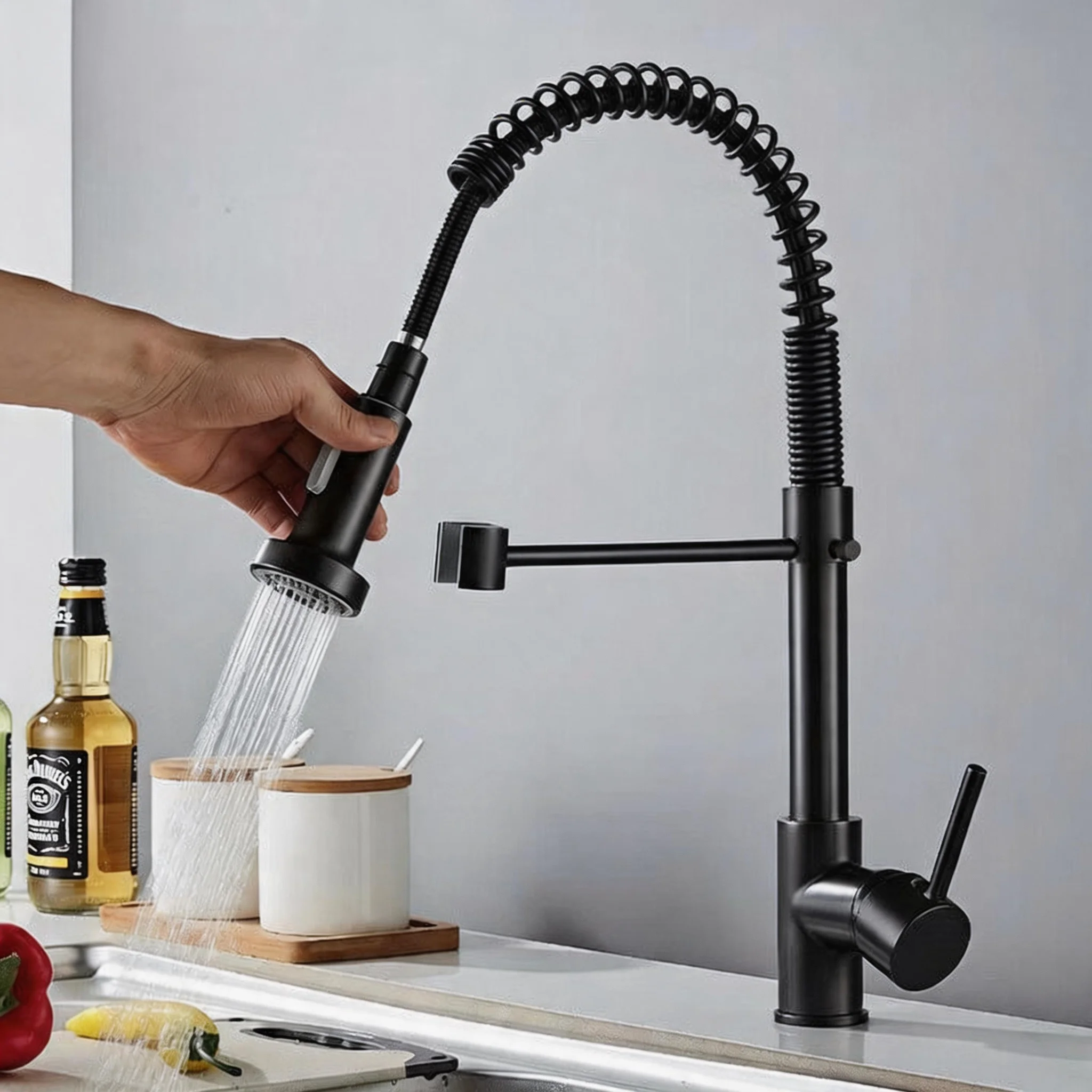 Robinet de cuisine en nickel brossé, mitigeur extractible pour évier, fixation sur comptoir, avec douchette pulvérisatrice, eau chaude et froide, rotation 360° °   Robinet d'évier flexible à bec