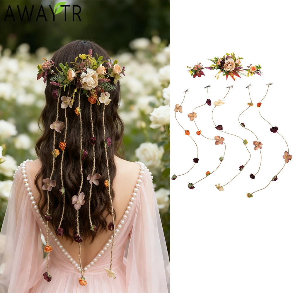 

AWAYTR Tassel Bride Flower Vines Crown Headband Hair Accessories Artificial Floral Wreath Head Band Wedding Hairstyles