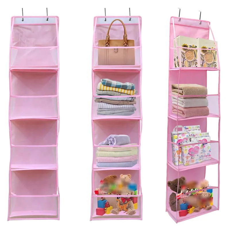 4 Layer Pink Storage Bag Foldable Hanging Organizers for Bathroom Behind The Door Snacks Toys Clothes Storage Holder Accessories