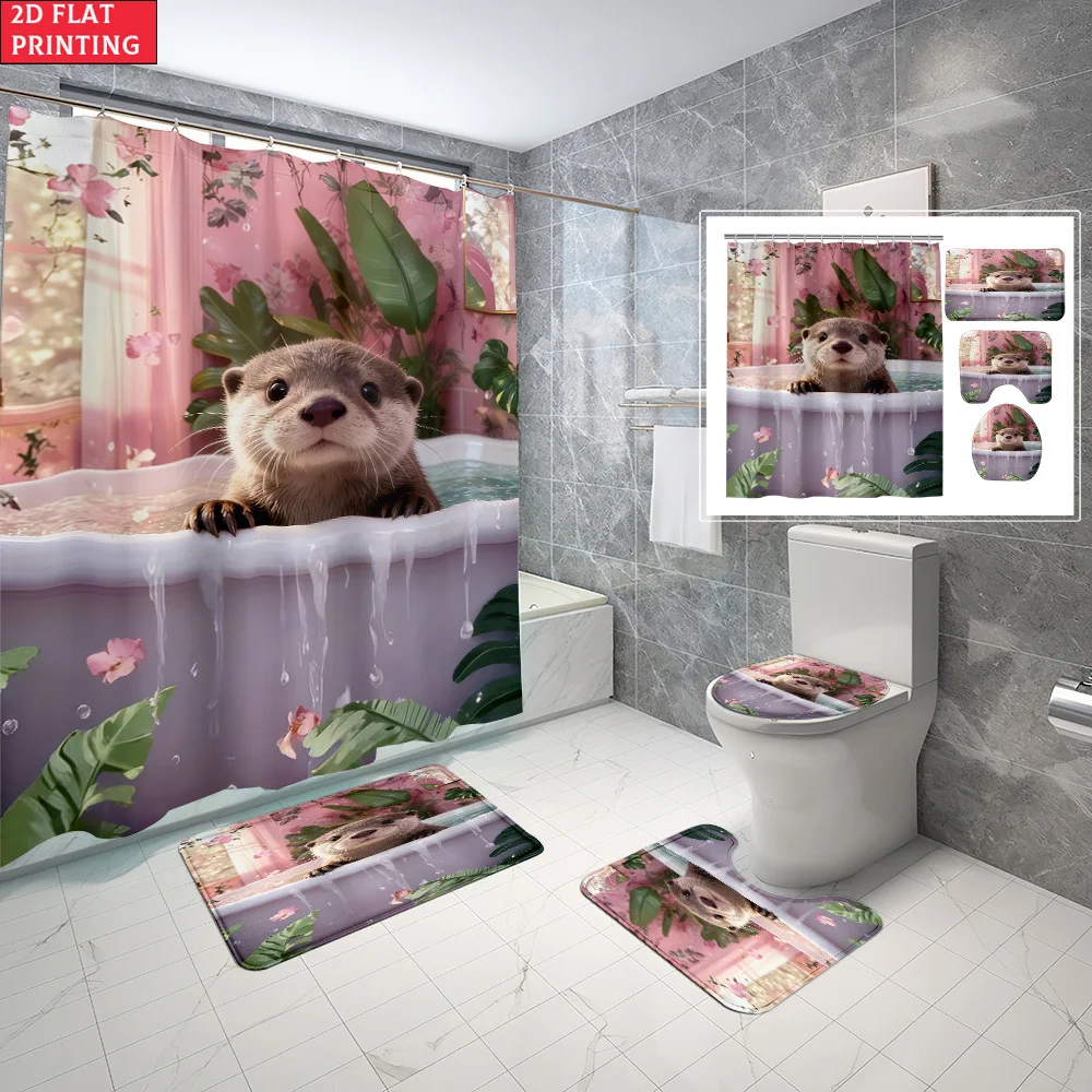 

1pc/4pcs Shower Curtain and Bath Mat Set with Otter In Bathtub With Flowers And Leaves Non-Slip Bathroom Decor, with 12 hooks