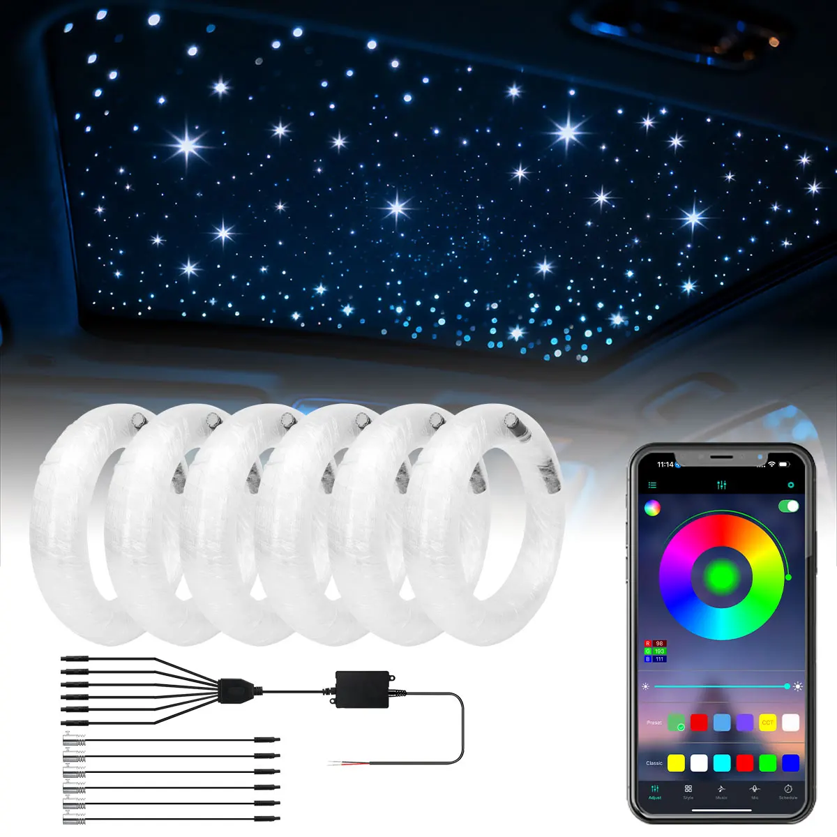 

Оптоволоконная RGB-подсветка для потолка автомобиля 0,5 мм, 1 метр, звездное небо, неоновое освещение, управление через приложение