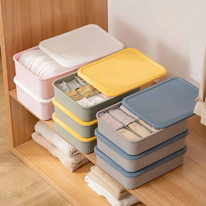 1/10/15 Grid Plastic Underwear Storage Box with Dust-Proof Lid Socks Bra Closet Drawer Organizer Container for Wardrobe Bedroom