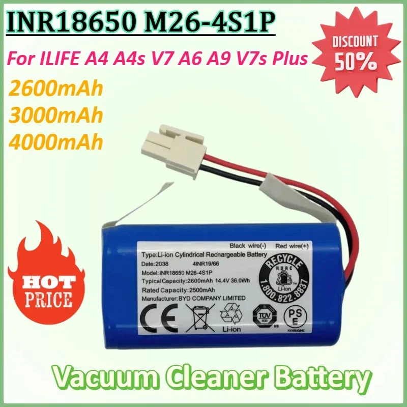 

18650-4S1P INR18650 M26-4S1P 14.4V 4000mAh 4INR19/66 for ILIFE A4 A4s V7 A6 V7s Plus A9 Vacuum Cleaner Rechargeable Battery