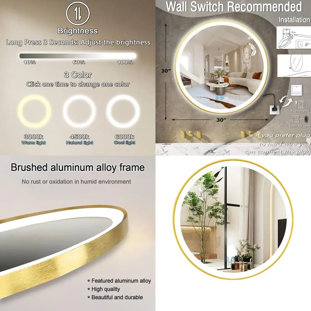 

30 Inch Round LED Lighted Bathroom Mirror with Gold Frame, 3-Color Dimmable, Anti-Fog, Smart Vanity Mirror