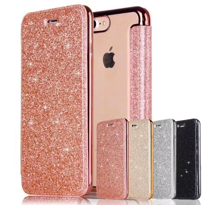 

Glitter Pu Leather Flip Card Slot Case For iPhone 17 16 E 15 14 13 12 Mini 11 Pro XS Max XR X 8 7 Plus SE Plating Edge TPU Cover