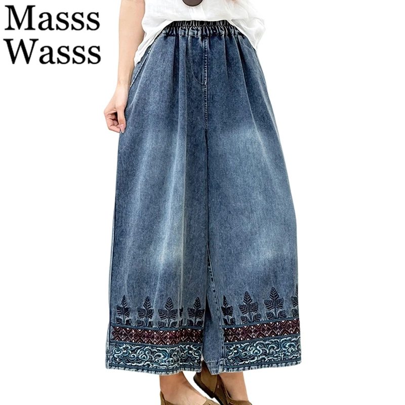 

Masss Wasss 2026 Vintage Loose Floral Jeans Women Chinese Classic Embroidery Wide Leg Denim Pants Ladies Causal Fashion Trousers