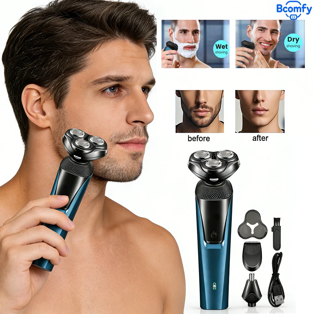 

Electrical Shaver for Men 4D Floating Heads Shaving Machine 3-in-1 Rechargeable Beard Shaver Portable Washable Hair Trimmer