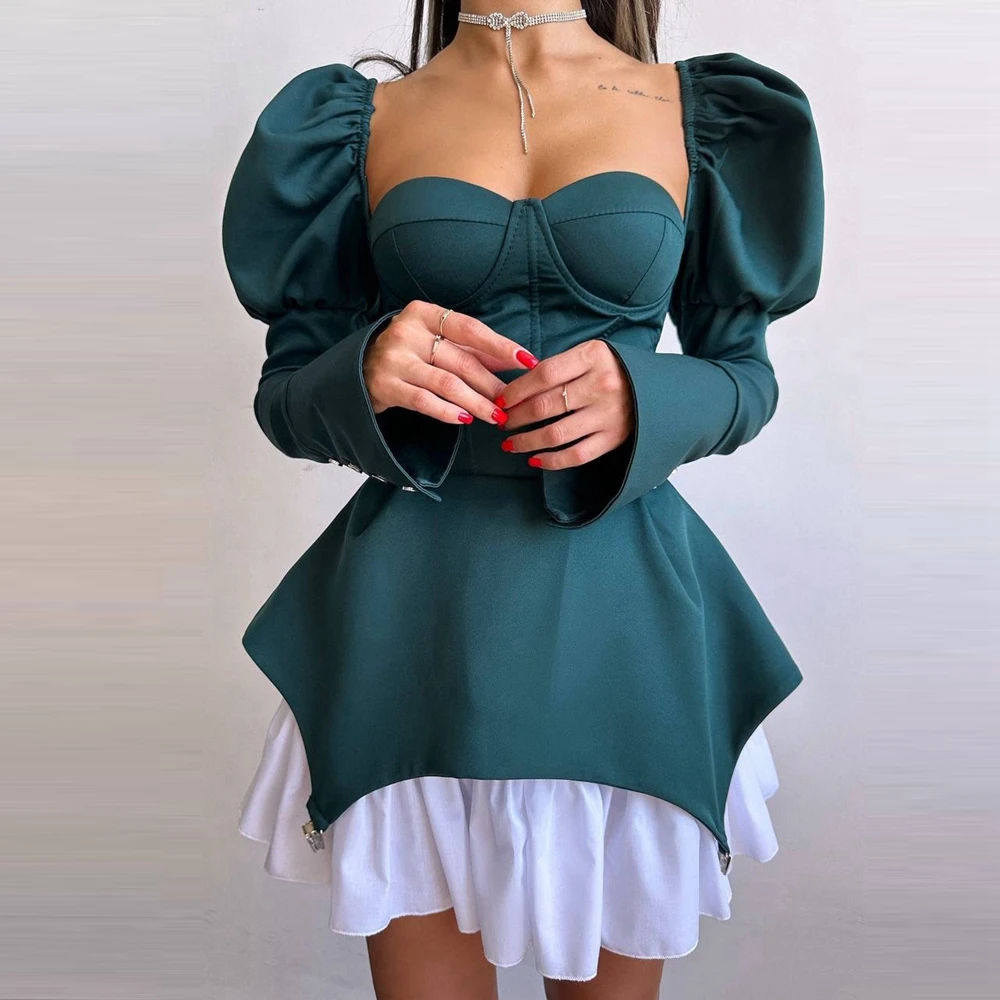 Nuevo vestido de cóctel de satén con mangas abullonadas y volantes blancos elegante Mini vestido de fiesta de graduación de tafetán para mujer vestidos de noche de verano