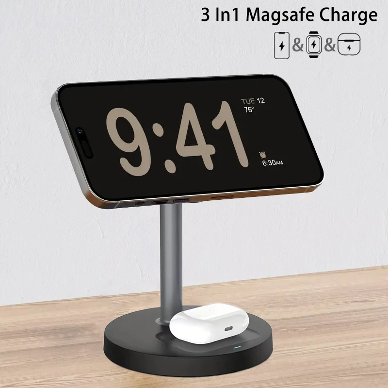 3 In 1 Magnetic Wireless Charger Adjustable Stand For iPhone 16 15 14 13 Pro Max iWatch 10 9 8 AirPods Pro Fast Charging Station