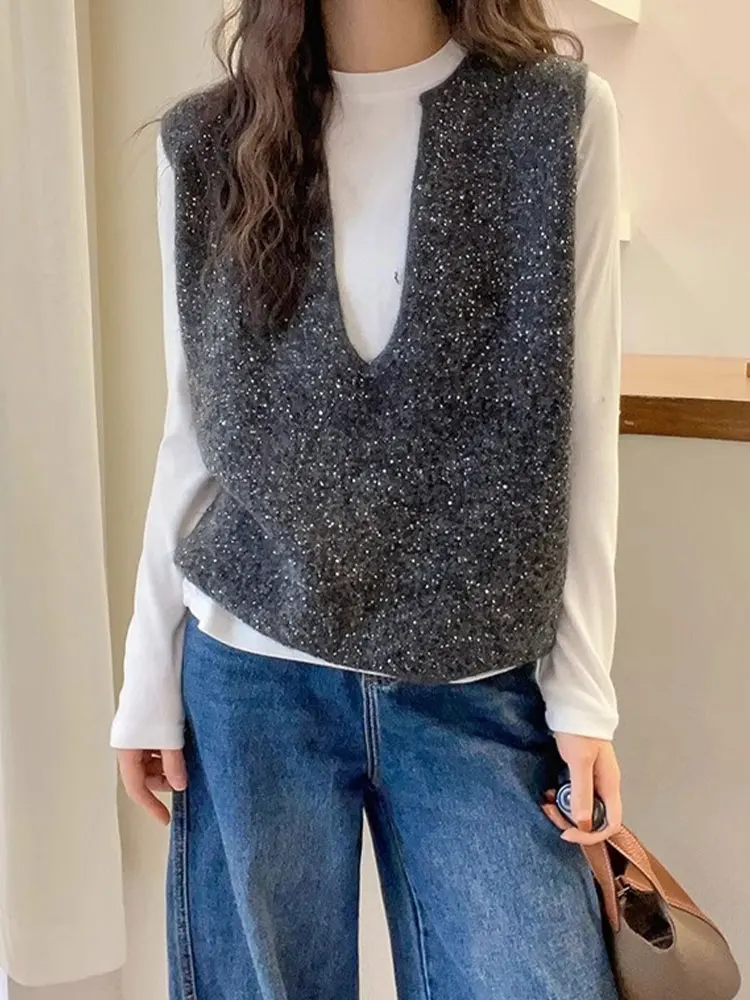 

iny Sequin V-Ne Pure Color Knitted Vest Women's Faion Versatile Svel oulder Pad Layering Sweater Top