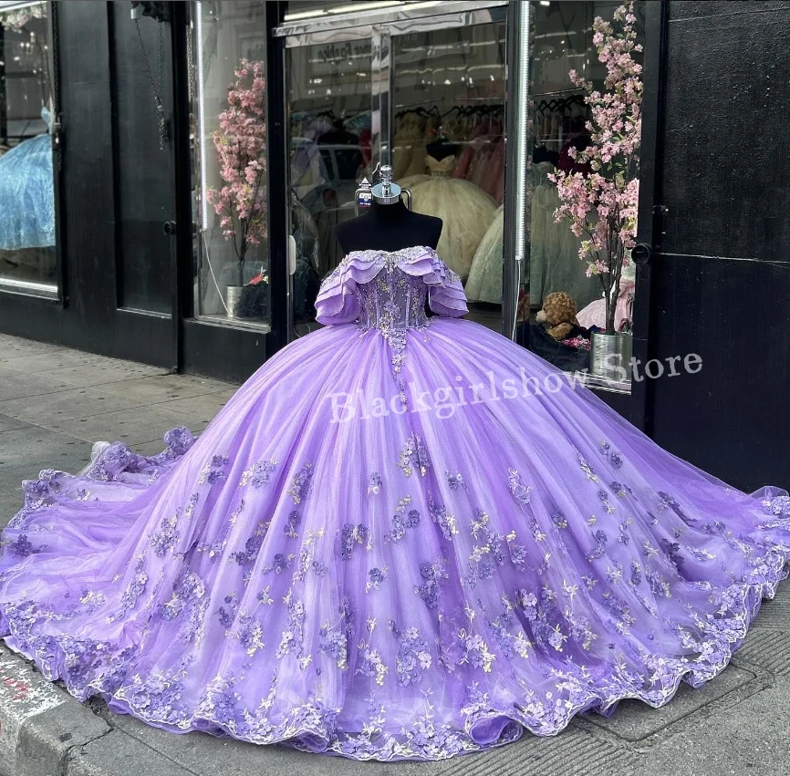 Vestido Princesa Lilás Roxo Quinceanera, Luxuoso Sem Alças, Desossa Transparente, Applique Chapel Train, 15 Anos, 2024