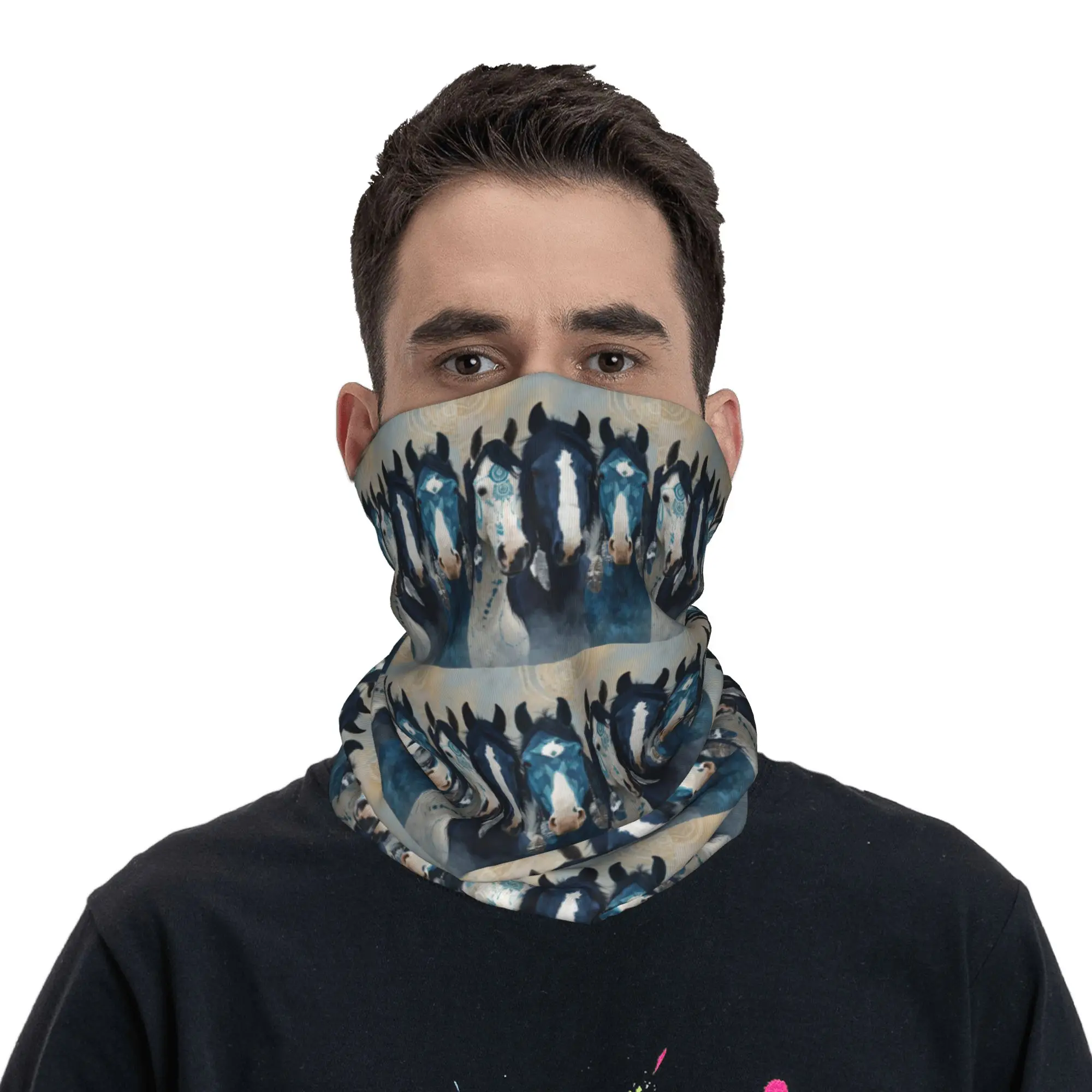 Wild Horse Design Bandana Neck Gaiter Printed Wrap Scarf Balaclava Hiking Fishing for Men Women Adult Breathable
