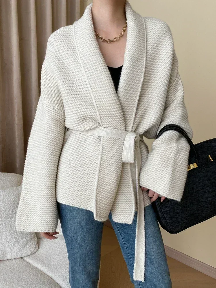 Knitted Cardigan Sweater Loose Lace Up Waist Retraction Oversized Cardigan Autumn New Grey Warm Fashion Coats for Women 2024