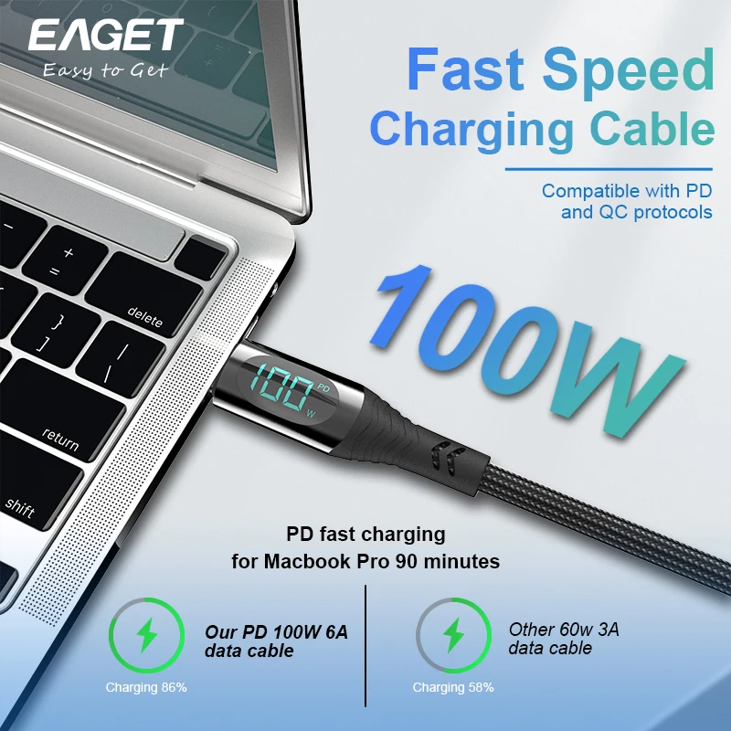 Eaget PD 100W Fast Charger Cable USB C to Type C Cable Real-time Display Charging Cord for iPhone15 Samsung Xiaomi Laptops Phone