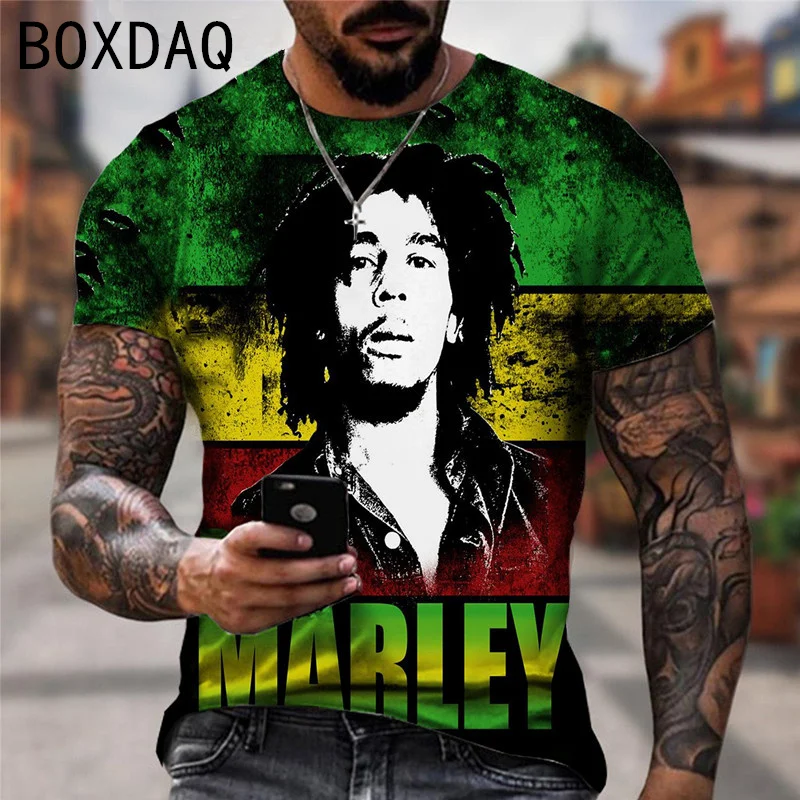 Oversize męska koszulka fajna rockowa Bob Marley koszule z nadrukiem letnia odzież męska z okrągłym dekoltem z krótkim rękawem