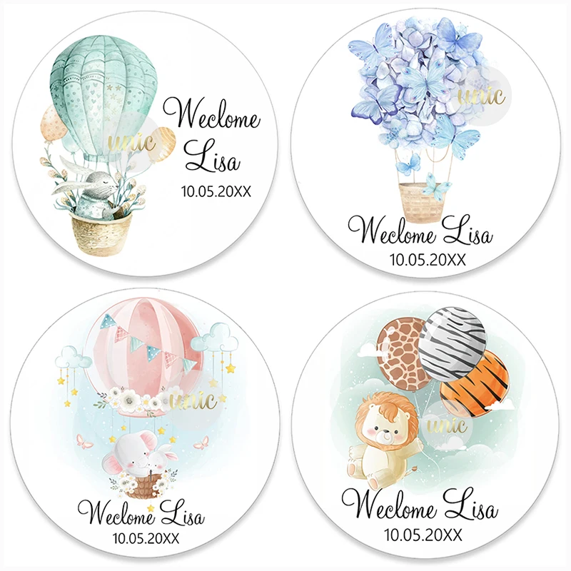 Custom Welcome Baby Hot Air Balloon Animals Birthday Party Labels Favors Round Sticker Baby Shower Personalise Travel Sticker