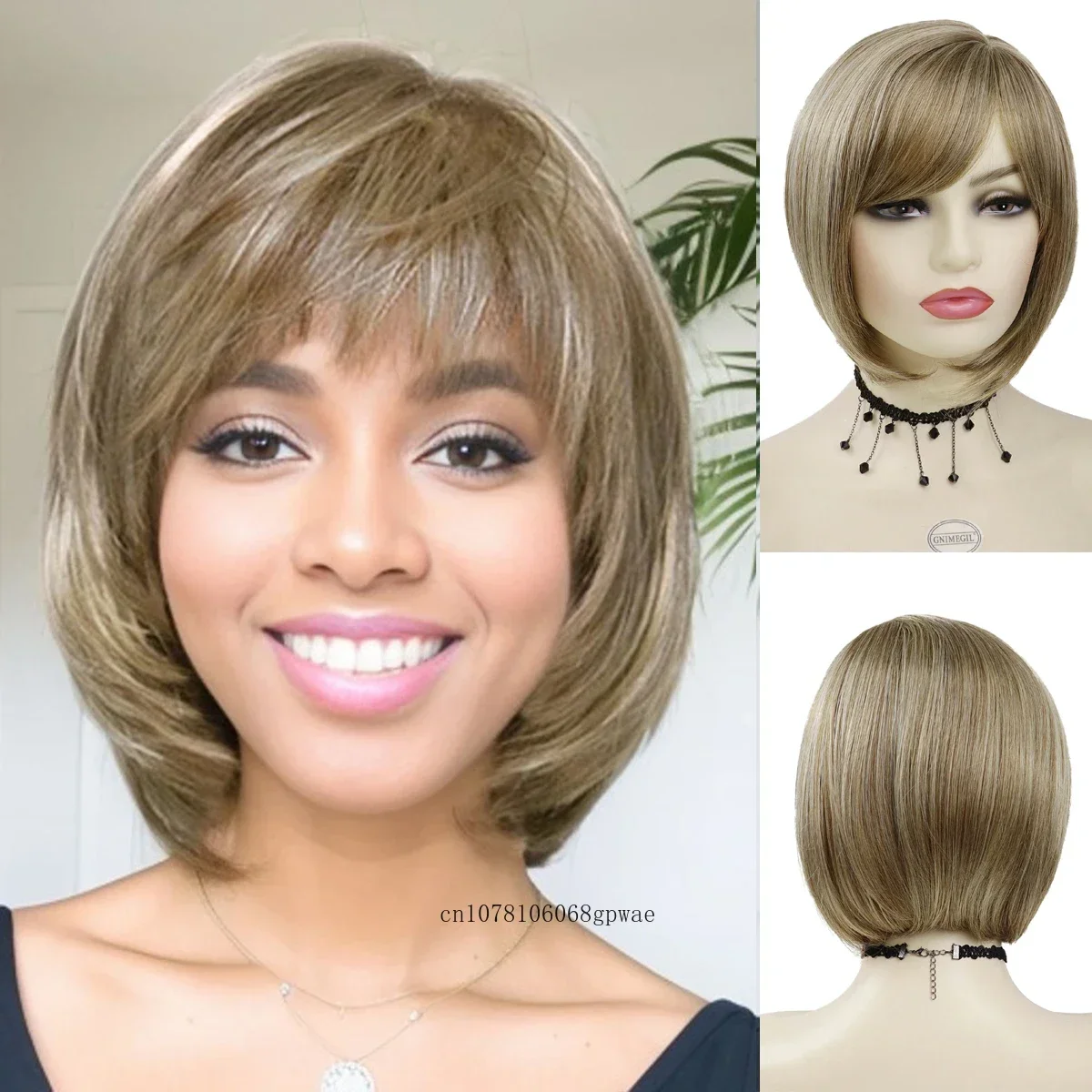 

Bob Wig Synthetic Short Blonde Mix Brown Wigs for Women Straight Wig with Side Bangs Casual Daily Party Costume Heat Resistant