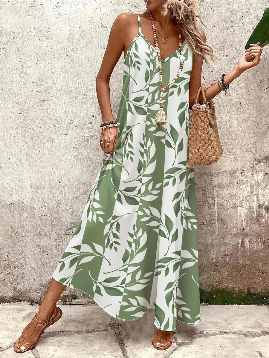 

Women V-Neck Leaf Print Flowy Slip Dress Summer Casual Beach Vacation