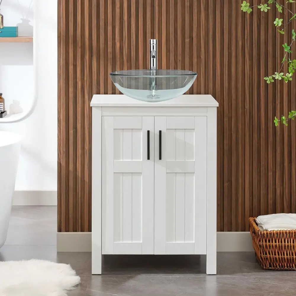 

24 White Bathroom Vanity Set with Glass Sink and Metal Handles