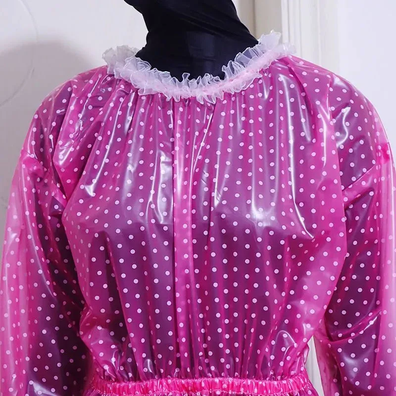 PVC Polka Dot Transparent Sexy Long Sleeved Lace Round Neck Dress Soft Smooth Silent ABDL Waterproof Loose Plastic Long Skirt