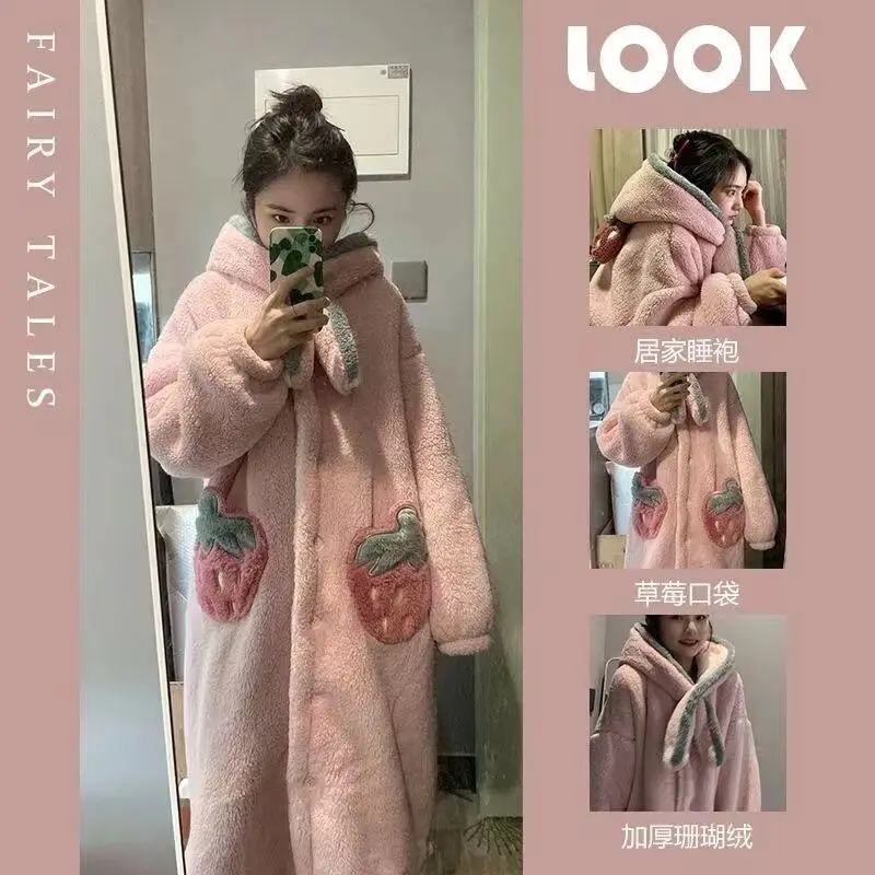 Nowa koszula nocna damska z kapturem, piżama, szlafrok, jesienno-zimowa, z długim rękawem, miękka i ciepła odzież domowa