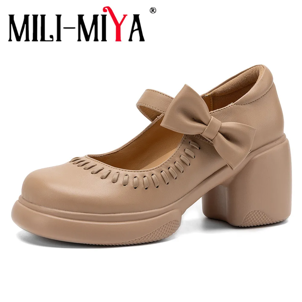 MILI-MIYA Women's Round-Toe Full-Sheepskin Chunky-Heel Pumps With Platform And Non-Slip Soles Bow Buckle Casual Shoes