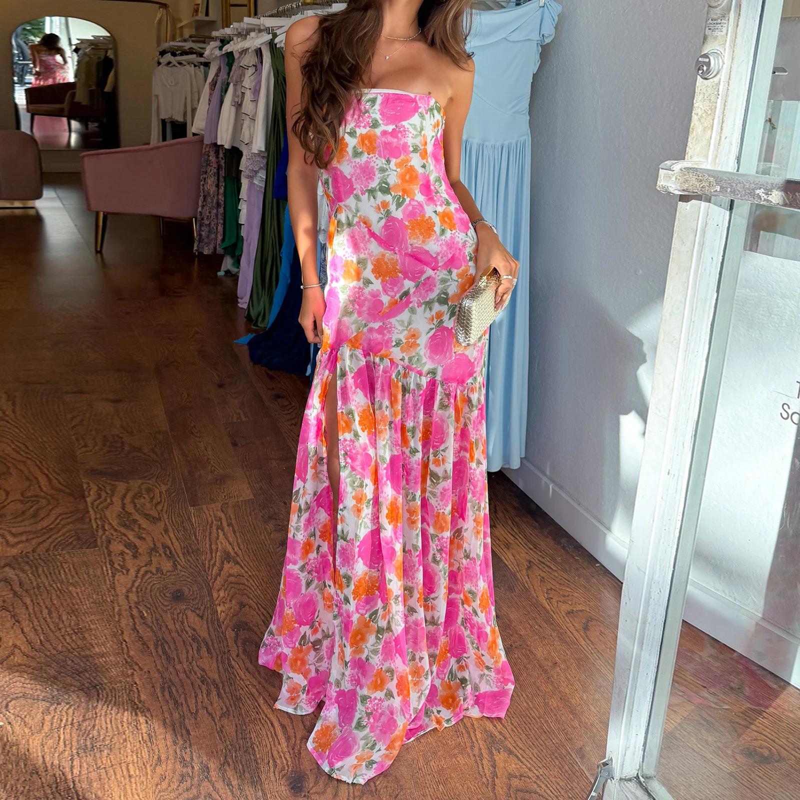 

Женское летнее повседневное платье без бретелек с цветочным принтом и открытой спиной, длинное платье трапециевидной формы для коктейльной вечеринки, пляжная уличная одежда