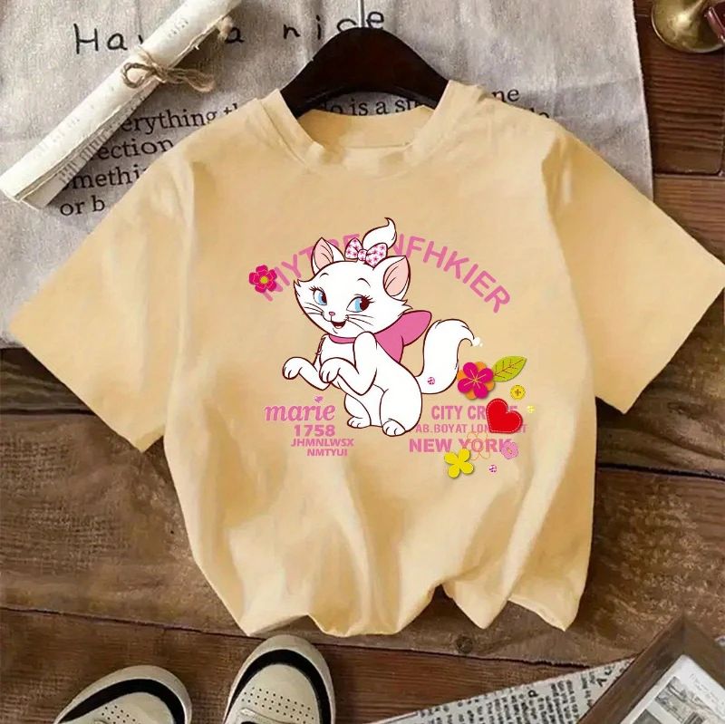 T-shirt stampata Disney Mary Cat Flower Cartoon manica corta girocollo casual adatta per l'estate e la primavera, top a maniche corte
