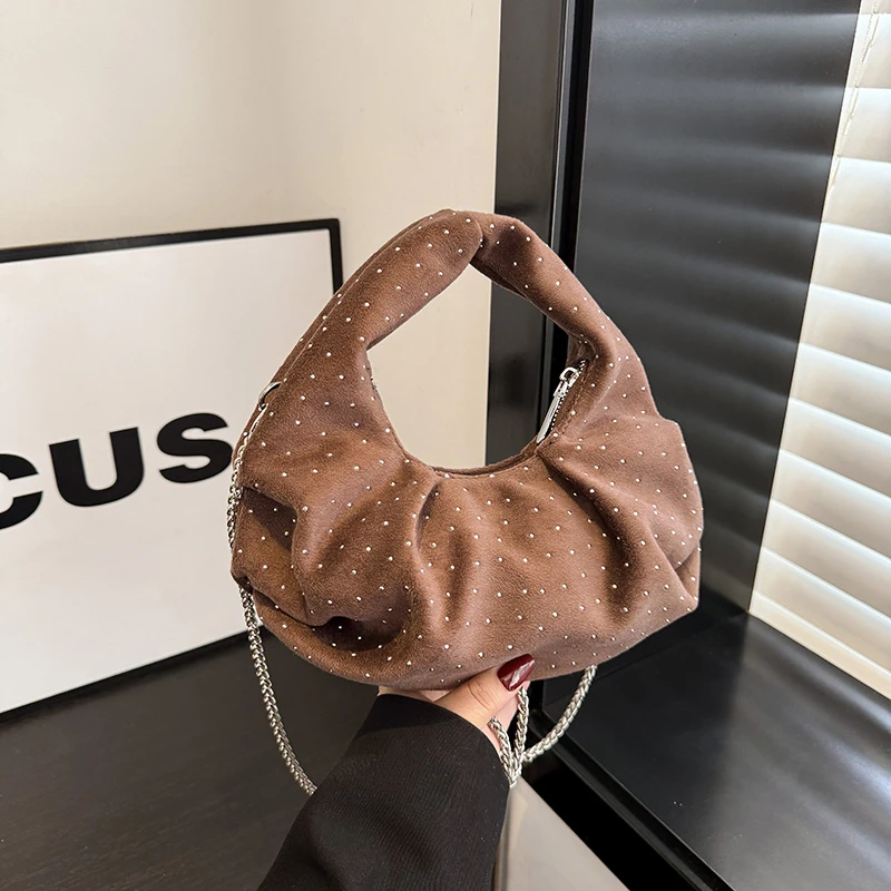 

Сумки через плечо и через плечо в форме полумесяца, новинка 2025, модные новые бриллианты, однотонные цепочки на молнии, супер крутые сумки для женщин, стильный дизайн