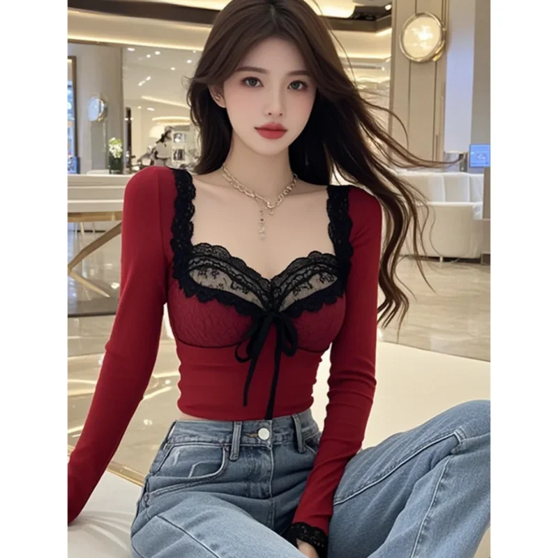 2023 neue Trend Sexy Temperament Modische Spitze Patchwork Rot Top T Weiblichen Frühling Herbst Schlank Schnürung Langarm T-Shirts