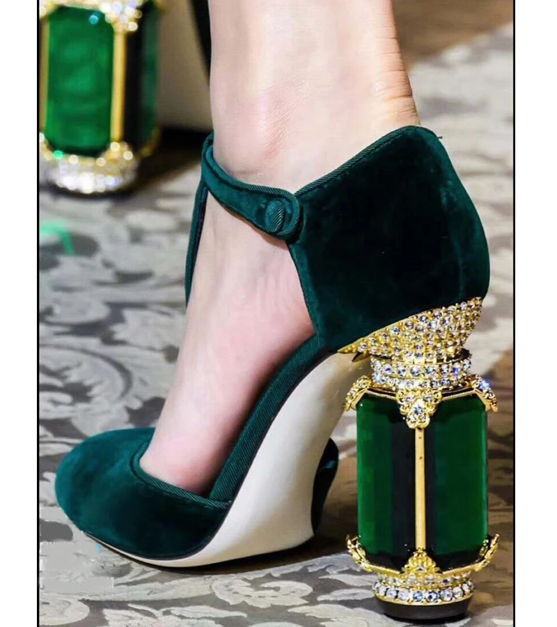 

Early Spring T-Belt Gemstone High Heels Retro Gold Velvet Gemstone Heel Rhinestone Buckle Single Shoe High-End Women's Shoes