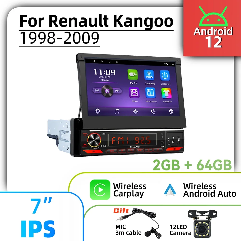 7-дюймовый выдвижной экран, 1 Din Android-радио для Renault Kangoo 1998-2009 Carplay, автомобильный мультимедийный Android, стерео головное устройство, GPS