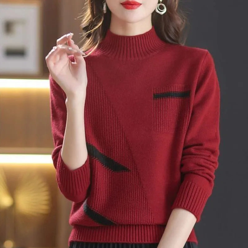 New Autumn/Winter Fashion Trend Contrast Color Half High Neck Loose Versatile Slim and Fashionable Long Sleeve Knitted Sweater