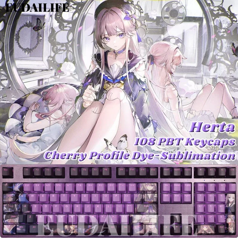 Herta 108 Keycap Honkai Star Rail PBT DYE Sublimation Light Transmitting Cherry Switch Cross Key Cover for Mechanical Keyboard