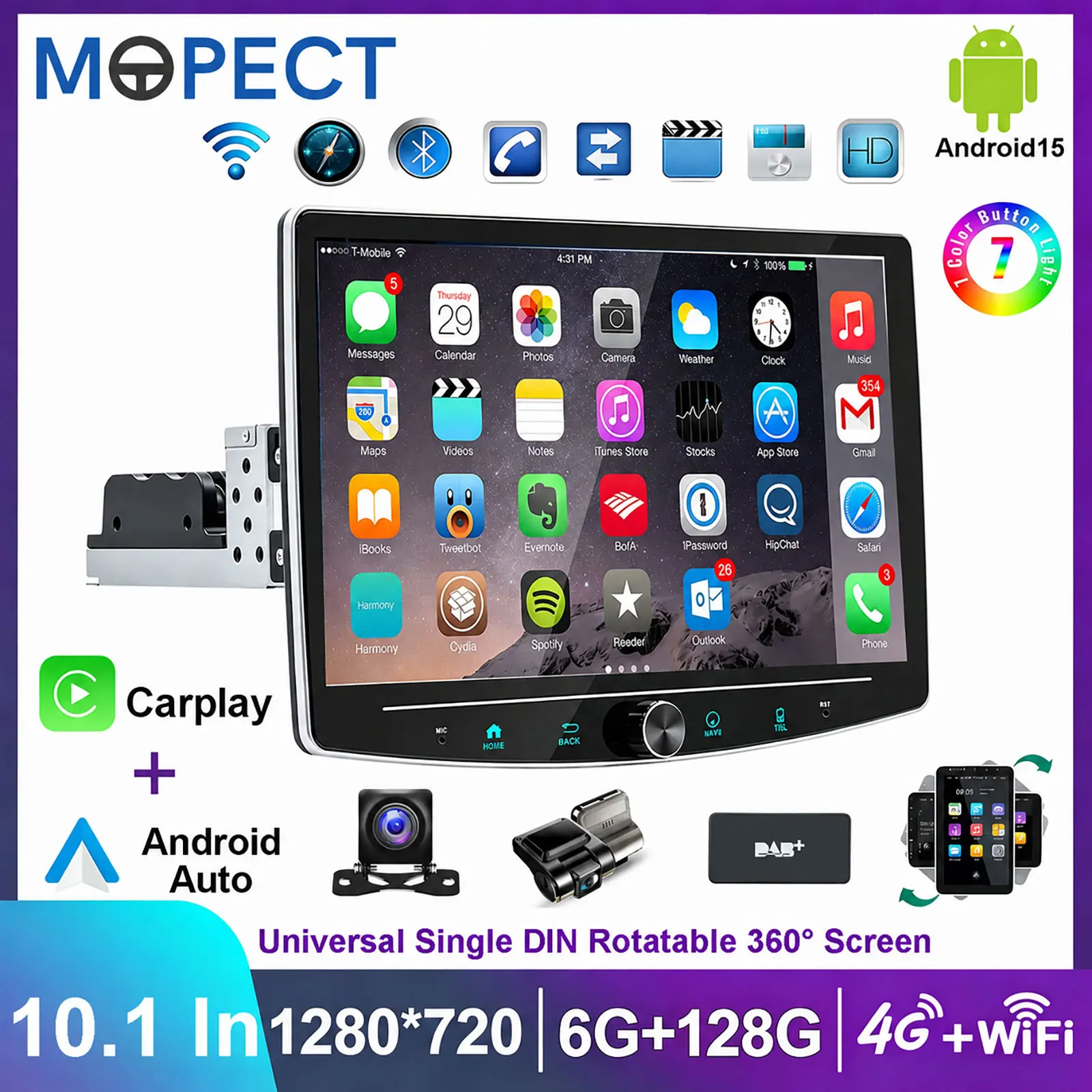 MOPECT 6+128GB Universelles Autoradio Einzel-DIN 360 °   Drehbarer IPS 10,1 Zoll Touchscreen Multimedia-Player Autoradio Head Unit Carplay Android Auto 8-Kern 4G Wifi BT AM FM RDS SWC GPS-Navigation