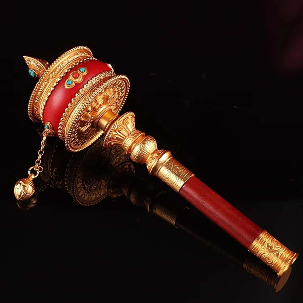 Tibetan style copper hand cranked prayer wheel, Red Sandalwood handle, Ten-in-one scripture rotating wheel, Buddhist ornaments
