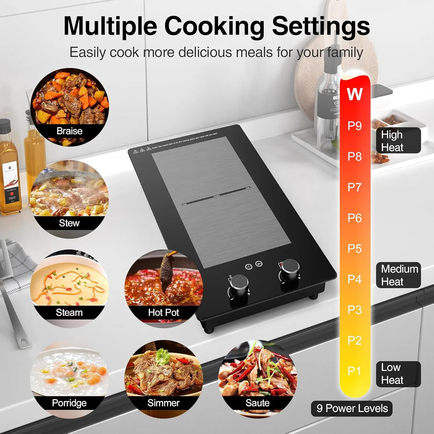 Cooktop, Induction Hot Plate 12 inch 3000W, Induction stove top with Rotary &Touch Control,110V 2 Burner Induction Cooktop with