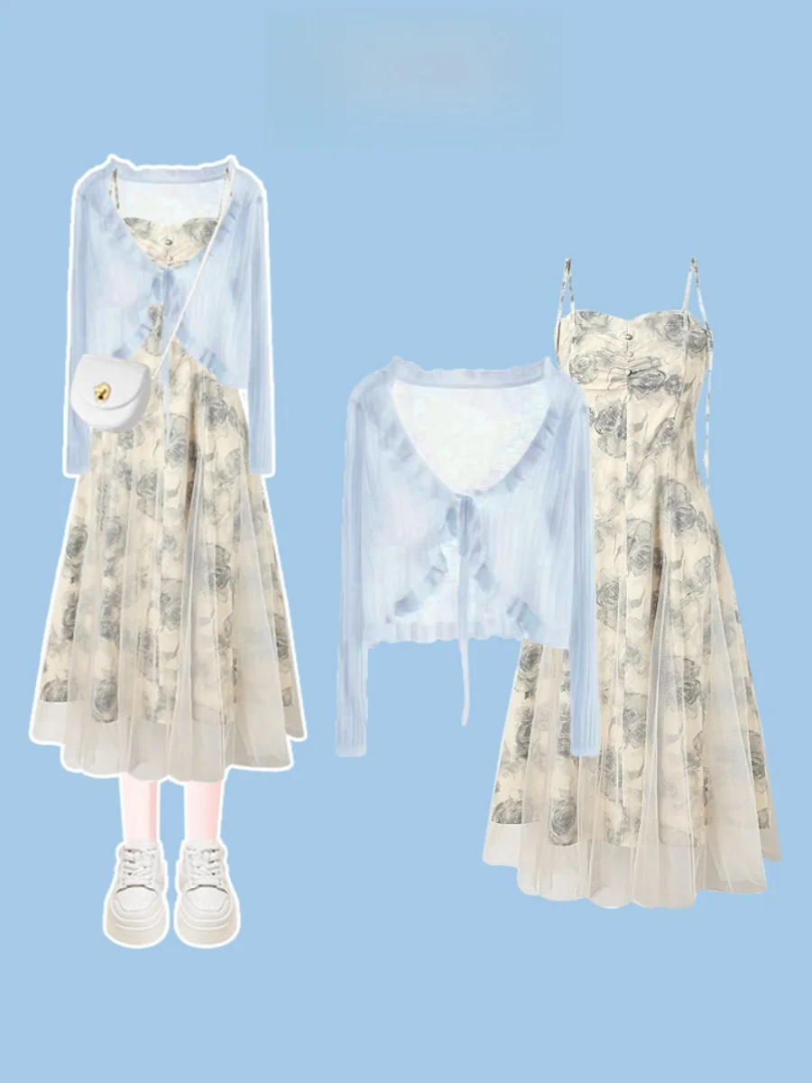 

Summer Long Sve Chiffon Me Print Skirt Two Piece Set Thin V Ne Button up Women's Faion Ensemble Midi Dr Outfit