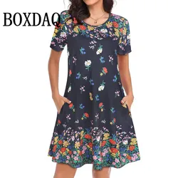 Summer Casual Dress Women Fashion O-Neck Loose Retro Flowers Printed Dress Elegant Vacation Short Sleeve A-Line Dresses Female