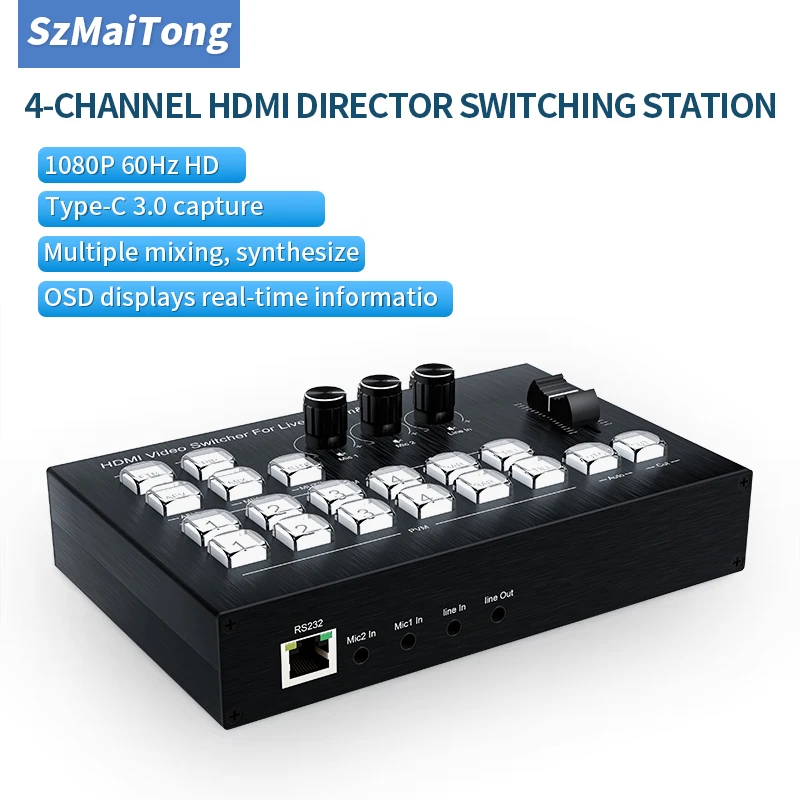 

4K Video Switcher 4 Channel HDMI Multi Camera Streaming Live Production Video Mixer Switcher Broadcasting Station Type C Record