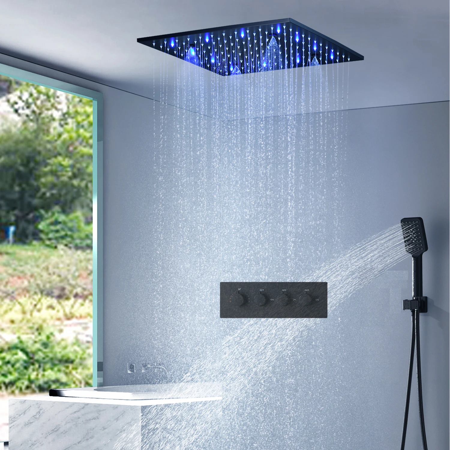 Imagem -03 - Massagem Led Shower Faucet Grupo Rainfall Shower Head Panel Spray Spa Sistema Misturador de Válvula Termostática Alta Qualidade Preto 16 em 20in