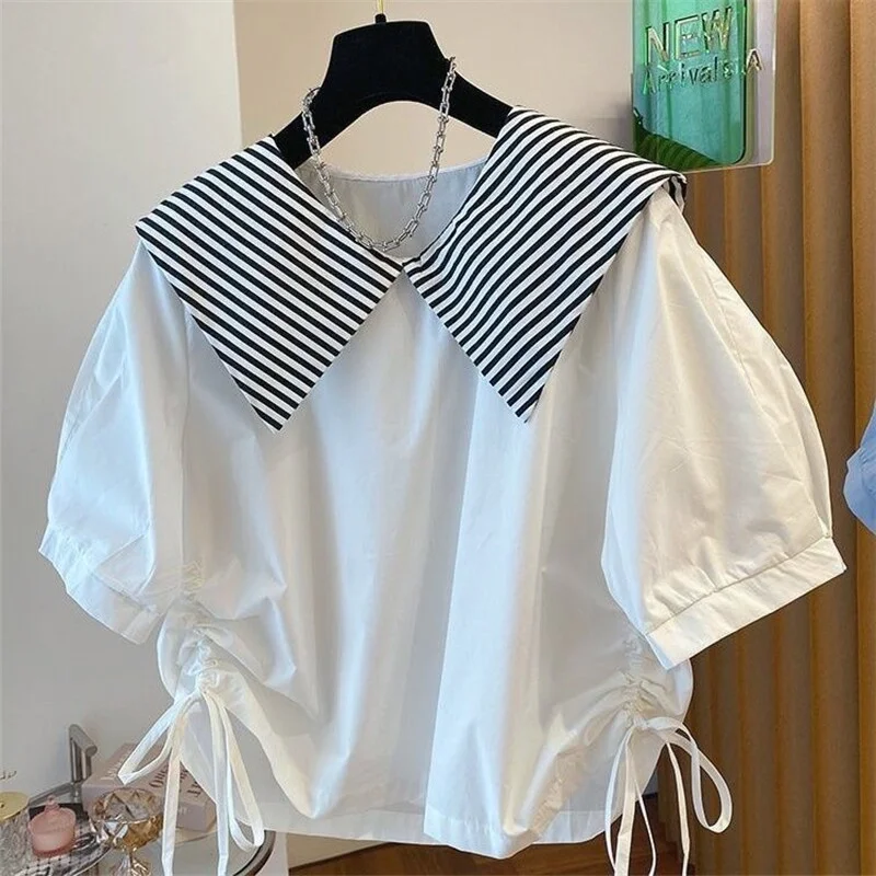 

Women Korean Style Striped Lapel Shirt Elegant Drawstring Hem Cropped Top Summer Navy Doll Collar Short Sleeve Loose Blouse