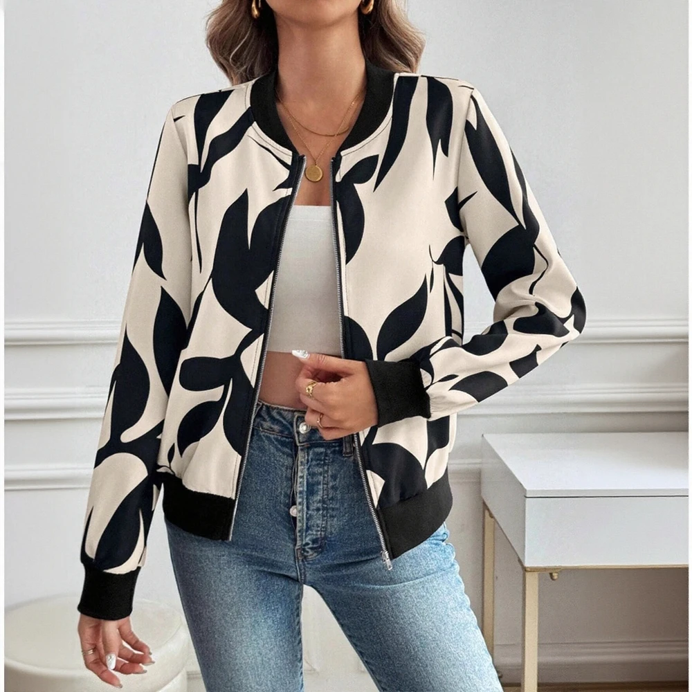 

Женская модная куртка на молнии с воротником-стойкой в уличном стиле, шикарная повседневная верхняя одежда контрастного цвета с длинными рукавами и принтом
