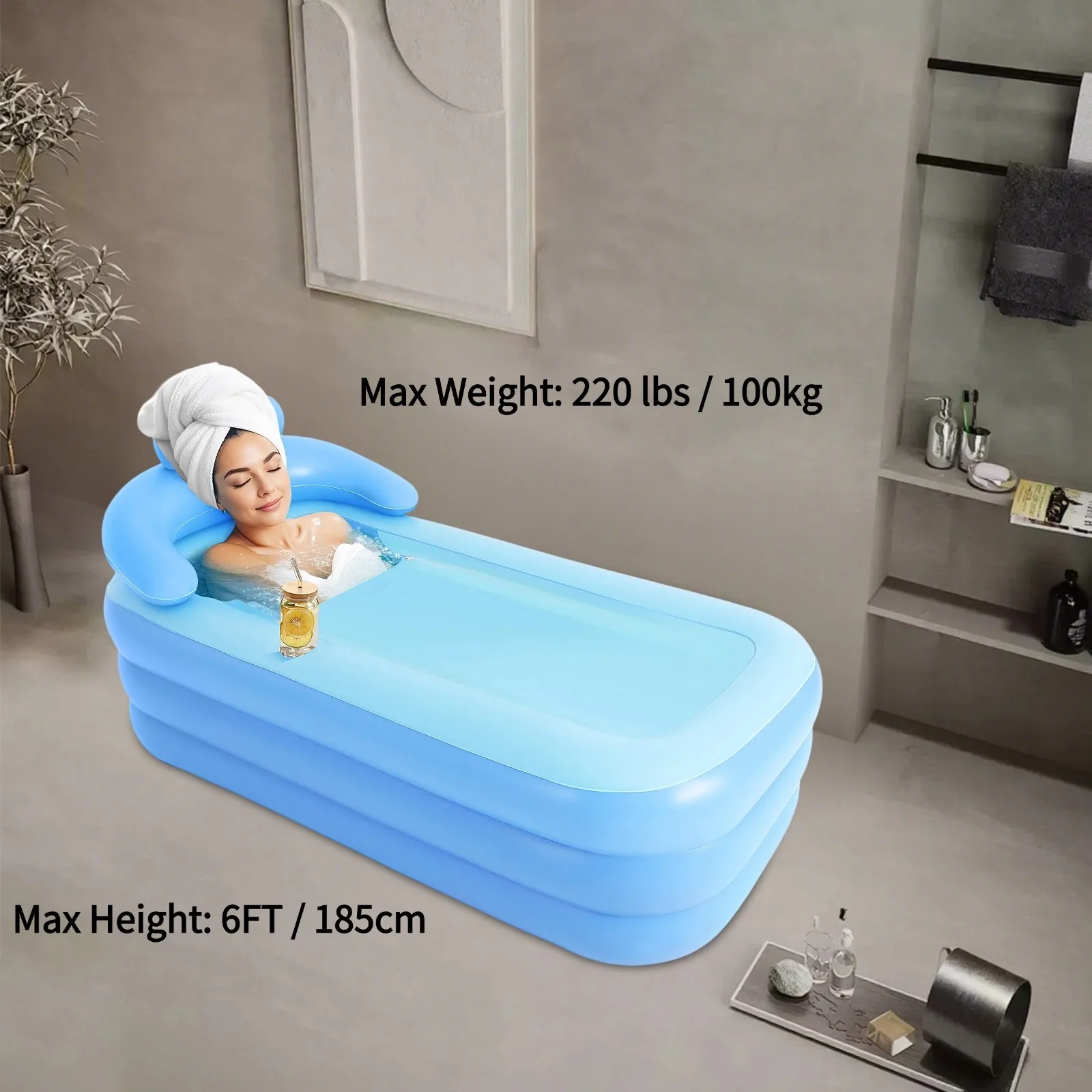 Tragbare aufblasbare Badewanne, faltbare Einweichwanne mit Rückenlehne und Deckel, verdicktes PVC für Apartments, Hotels, Hinterhöfe